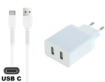 OneOne 2.4A lader met 2 poorten + 1,2m sterke USB C kabel. Oplader adapter past op Samsung Galaxy A12, A16, A20, A21, A22, A25, A26, A30, A36, A55, A56, F55, Z Flip, Z Flip 3 / 4 / 5 / 6 / 7, Z Fold, Z Fold 2 / 3 / 4 / 5 / 6 / 7, A17, F16, F36