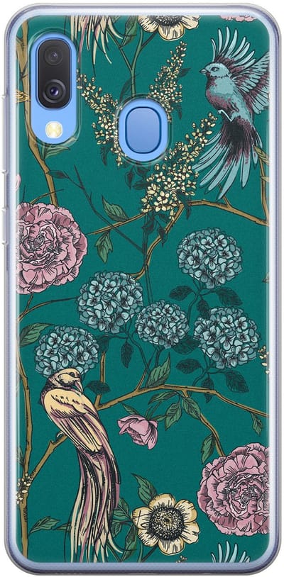 Hoesje geschikt voor Samsung Galaxy A40 - Vogels Japanse bloemen - Soft Case - TPU - Bloemen - Blauw - Mooie Telefoonhoesjes