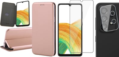 Hoesje geschikt voor Samsung Galaxy A33 - Book Case Kunstlederen Wallet Cover Minimalistisch Pasjeshouder Hoes Roségoud - Tempered Glass Screenprotector - Camera Lens Protector