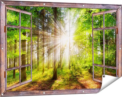 Gards Tuinposter Doorkijk Bos met Zon tussen de Bomen - 120x80 cm - Tuindoek - Tuindecoratie - Wanddecoratie buiten - Tuinschilderij