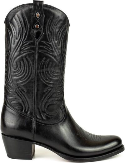 Mayura Boots 2526 Zwart Dames Boho Western Laarzen Blad Motief Sierstiksel Ronde Neus Schuine Hak Glad Leer Maat EU 37