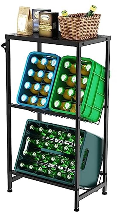 Beverage Box Rack met Plank en Metaalrooster Houder - 33 x 50 x 98 cm, Voor 2 Kratten, Drinkrek met Verstelbare Poten, Zwart