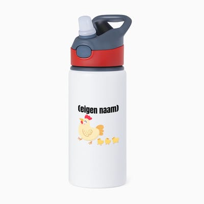 Hacebo® - kip met kuikens met eigen naam waterfles met rietje rood - Kippen - kippen liefhebbers - iemand die houdt van kippen - verjaardag - cadeau - kado - water fles - 650ML