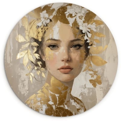 WallCircle® Wandcirkel 120x120 cm - Muurcirkel Gezicht - Vrouw - Bladeren - Goud - Muurdecoratie woonkamer - Wanddecoratie slaapkamer - Kamer decoratie accessoires - Ronde schilderijen XXL
