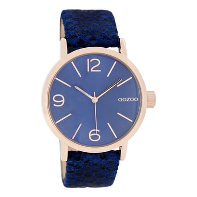 OOZOO Timepieces - Rosé goudkleurige horloge met donker blauwe leren band - C7577