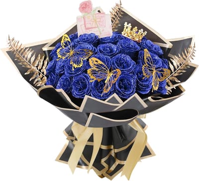 Glitter Rozen Boeket - Kunstbloemen Set - Decoratie Creëren - Inclusief Diverse Accessoires - 24 Stuks - Blauw