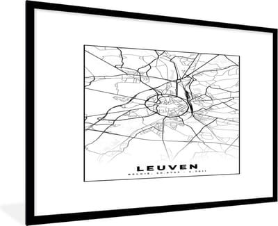 Fotolijst incl. Poster Zwart Wit- België – Leuven – Stadskaart – Kaart – Zwart Wit – Plattegrond - 120x80 cm - Posterlijst