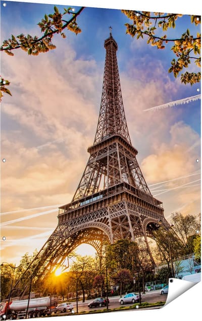 Gards Tuinposter Eiffeltoren in Parijs tijdens Zonsondergang - 120x160 cm - Tuindoek - Tuindecoratie - Wanddecoratie buiten - Tuinschilderij