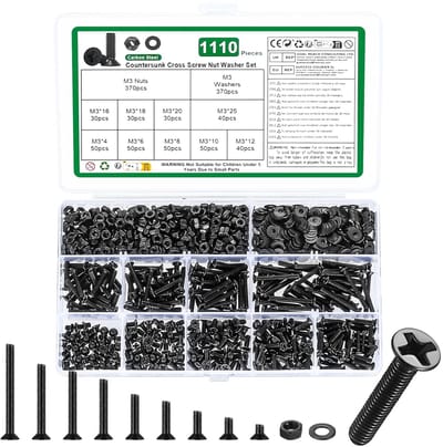 Famanu 1110 stuks M3 schroevenset, verzonkenkopschroef, moerset, platkopschroef en moerset, kruisgleufmachineschroefset, schroevenset met schroefdraad en sluitring (zwart, M3)