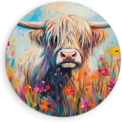 Saammp Muurcirkel Hout Schotse Hooglander Koe op een rots - Dieren - Natuur - Ø 90 - Wandcirkel - Wanddecoratie Cirkel - muurdecoratie Woonkamer - Slaapkamer decoratie - Rond Schilderij