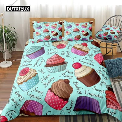 Cartoon Taart Koning Koningin Dekbedovertrek Dessert Cupcake IJs Beddengoed Set Kind Fijne Verjaardag Polyester Dekbedovertrek Kinderen Cadeaus EU King(240x220cm)