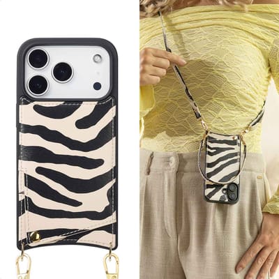 Selencia Hoesje - Geschikt voor Apple iPhone 17 Pro Max - Backcover met koord en pashouder - Zazzy Zebra