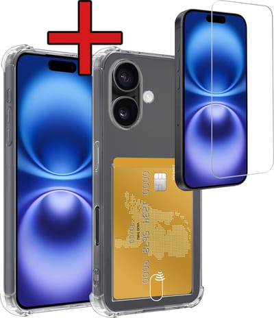 Hoesje - Geschikt voor Apple iPhone 16 - Met Screenprotector - Pashouder - Kaarthouder - Back Cover - Telefoon Hoes Shockproof - Siliconen Case - Shock Proof - Pasjes Houder - Telefoonhoes - Transparant