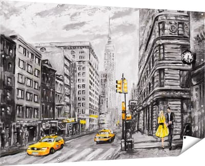 Gards Tuinposter Geschilderde New York Tekening - Zwart Wit - 180x120 cm - Tuindoek - Tuindecoratie - Wanddecoratie buiten - Tuinschilderij