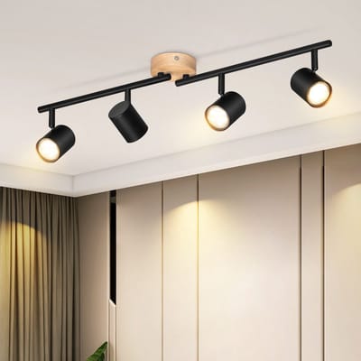 NETTLIFE Opbouwspot - Hout - zwart - rond - 4-lichts - GU10 Fitting - draaibar Plafondspot - Hoogwaardig Design - Metaal - Max.25W - Vintage Plafondlamp - voor Hal | Woonkamer | Keuken - Zonder Lichtborn - L 71cm