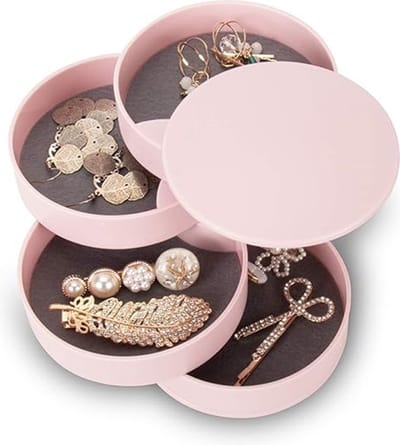 Sieraden Organizer - Kleine Sieraden Opbergdoos Oorbellenhouder voor Vrouwen - 5-Lagen Draaibare Reissieradendoos met Deksel voor Armbanden en Ringen - Roze