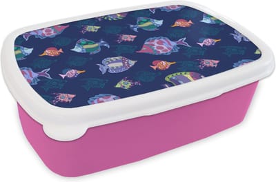 Broodtrommel Roze - Lunchbox - Brooddoos - Vissen - Patronen - Aquarium - Regenboog - Kind - 18x12x6 cm - Kinderen - Meisje