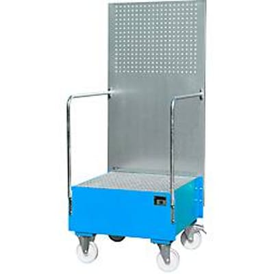 Verrijdbare lekbak met geperforeerde plaatwand, van staal, capaciteit 1 x 200 liter vat, blauw