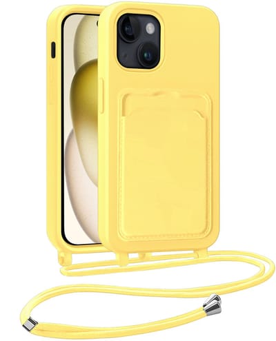 Hoesje Geschikt voor iPhone 15 Plus Telefoonhoesje Met Koord Case Pashouder Siliconen - Hoes Geschikt voor iPhone 15 Plus Hoesje Met Kaarthouder - Geel