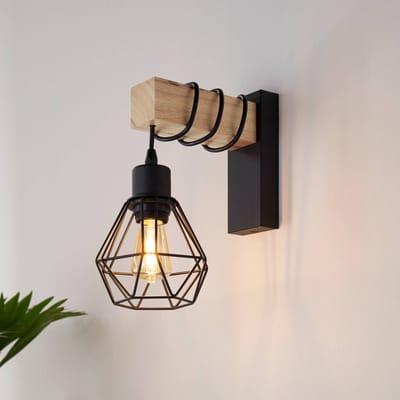 EGLO Townshend wandlamp, breedte 14 cm, zwart/eiken