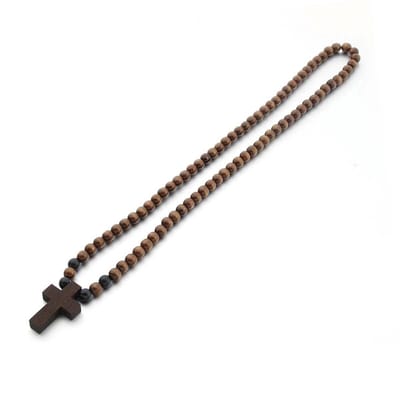 Sorprese Ketting Heren - Donkere Houten Kralen met Houten Kruis - 65 cm - 8 mm - Perfect Cadeau - Model W