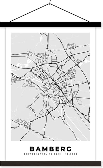 Posterhanger incl. Poster 40x60 cm - Schoolplaat - Kaart - Bamberg - Duitsland - Plattegrond - Stadskaart - Textielposter - Zwarte latten - Stadskaart