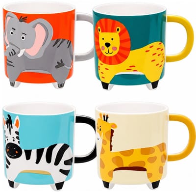 Bellatio Design Kinder mokken Jungle - set 4x - drinkbekers / melkbekers - 330 ml - dierenprint