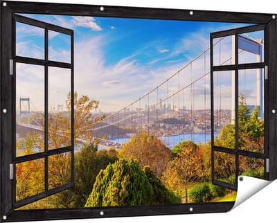 Gards Tuinposter Doorkijk Bosphorus Brug in Instanbul - 150x100 cm - Tuindoek - Tuindecoratie - Wanddecoratie buiten - Tuinschilderij
