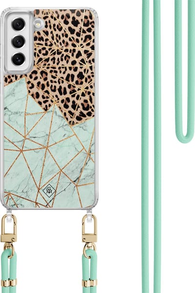 Casimoda® hoesje met koord - Geschikt voor Samsung S21 FE - Luipaard Marmer Mint - Afneembaar koord - TPU/polycarbonaat - Mint