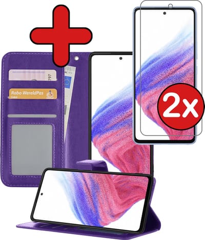 Hoesje - Met 2x Screenprotector - Geschikt voor Samsung Galaxy A53 - Luxe Pasjeshouder - Flip Case - Bookcase Portemonee - Kunstleer Book Case - Flipcase Hoes - Book Cover - Walletcase - Portemonneehoes - Telefoonhoes - Paars