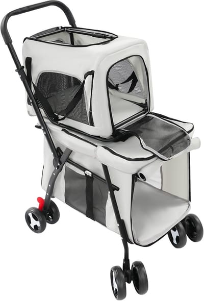Huisdierwagen Dubbel - Dierenbuggy Opvouwbaar - Comfortabel Transport - Afneembare Draagbox - 51 x 64 x 105 cm - Grijs