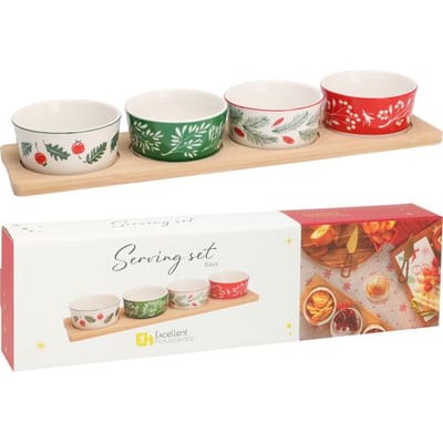 Excellent Houseware Koopman Kerst Serveerset - 4 Porseleinen Schalen & 1 Bamboe Dienblad