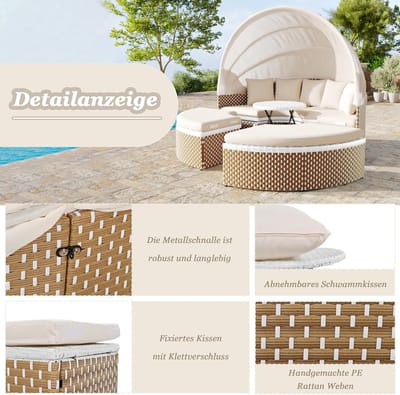 Zonne-eiland Loungeset met Dak Ø170 cm – ABTkantoor Luxe Rattan Tuinset met Verstelbare Tafel, 5 Kussens, Opklapbare Zonneluifel, 2-in-1 Tuinbed & Zitgroep, Weerbestendig, Beige