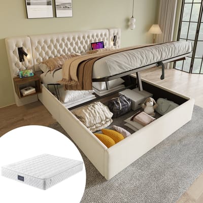 Gutent-Gestoffeerd bed 160x200 cm-hydraulisch opbergbed-tweepersoonsbed met 2 nachtkastjes-beige-fluweel (met matras)