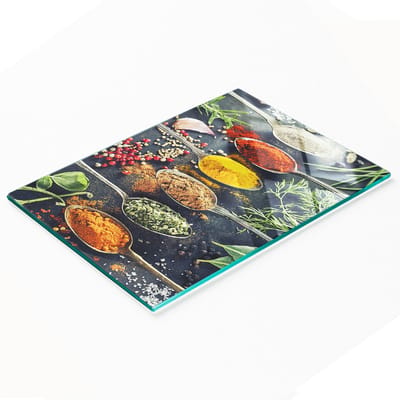 Stijlvol en duurzaam glazen snijplank met kleurrijke kruidenprint, 80x52 cm