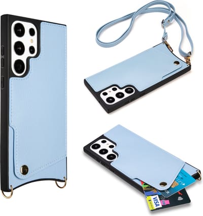 Casemania Hoesje Geschikt voor Samsung Galaxy S23 Ultra - Back Cover met Draagkoord - Pasjeshouder Hoes met Bandje - Crossbody Telefoonhoesje - Lanyard Case - Blauw