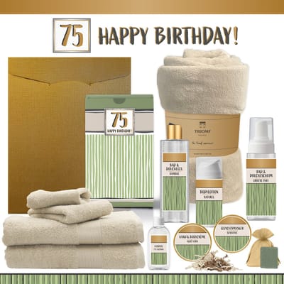 Geschenkset “75 Happy Birthday!” - 12 producten - 1910 gram | Giftset voor haar hem Vijfenzeventig jaar Cadeau Feestje Luxe Wellness Pakket Vrouw Man Speciaal Cadeaupakket Geschenk Doos Verjaardag Gift Set Handdoeken Fleecedeken Groen Beige Goud