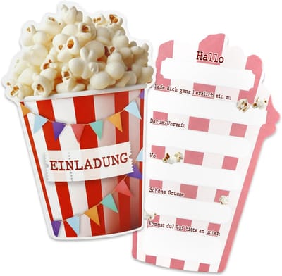SnelShoppen - 12 x Uitnodigingskaarten Bioscoop voor Kinderverjaardag - Popcorn Thema - Verjaardagsuitnodigingen voor Meisjes en Jongens - Ideaal voor