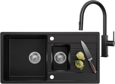 CECIPA MAX Granieten Keuken 86x45CM - Spoelbak Keuken 1.5 Met Keukenkraan met Uittrekbare Uitloop - Spoelbakken Keuken Met Primaire en Tweede Bak - Wasbak Keuken - Incl. Sifon en Afvoerzeefje - Zwart