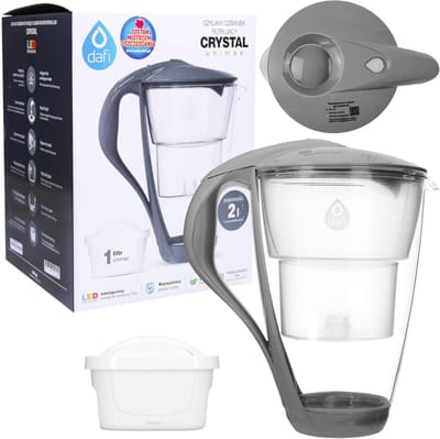 Dafi Crystal Waterfilterkan Glas 2L met LED Indicator + 1x Dafi Unimax Filter – Waterfilterkan voor Kraanwater – BPA-vrij – Grijs