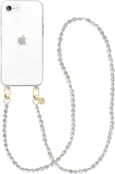 xoxo Wildhearts siliconen hoesje - Geschikt voor iPhone 7/8/SE 2020/2022 - Pearlfection - Telefoonhoesje - Hoesje met koord - Parelketting - lang telefoonkoord - Transparant hoesje (lange variant)
