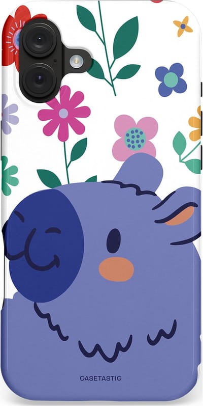 Casetastic hoesje geschikt voor Apple iPhone 16 Plus - MagSafe - Dubbellaagse bescherming - Capibara Bloempje Blauw - Fashion Case - Wit Lavendel Donkerblauw