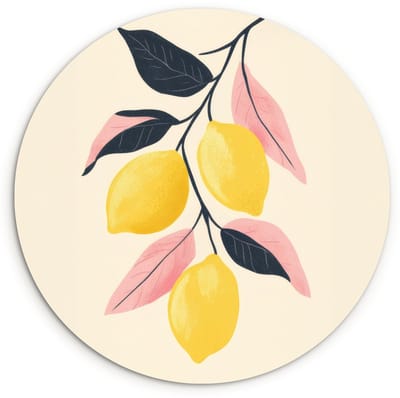 WallCircle® Wandcirkel 120x120 cm - Muurcirkel Citroenen - Felgeel - Tak - Bladeren - Muurdecoratie woonkamer - Wanddecoratie slaapkamer - Kamer decoratie accessoires - Ronde schilderijen XXL
