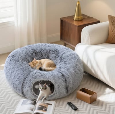 MEUNIQ kattentunnel 3-in-1 met kussen, opvouwbaar ontwerp en metalen frame, 170 cm S-vorm, 27 cm hoog, kattenhol voor binnen, grijs