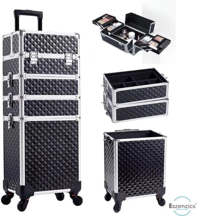 Eszenzics™ Trolley koffer 4in1 - Zilver/Zwart - Robuust en Ruim - Lichtgewicht - Professioneel - Make-up - Kapper - Nagelstudio - Visagie - Cosmetica - Schoonheidssalon