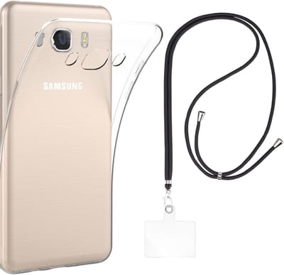 Set met hoesje en nekband voor Samsung Galaxy j7 2016 - Flexibele, transparante TPU-bescherming, verstelbare universele nekband voor mobiele telefoons, zwarte nekband, transparante draagriem van Phonillico®