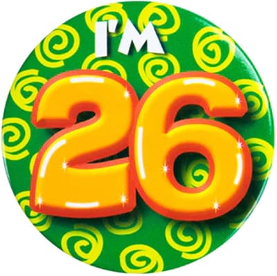 Button 26 Jaar - Button met speld (55mm) - Leeftijd badge - 26 Jaar versiering - Accessoires - Rozet I'm 26 - Verjaardag jongen / meisje / man / vrouw - Button 26 Jaar