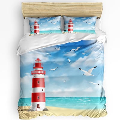Vuurtoren Beddengoedset Voor Slaapkamer Bed Thuis Nostalgische Aquarellen met Meeuw Oud Anker Dekbedovertrek Dekbedovertrek Kussensloop EU single(135x200cm)