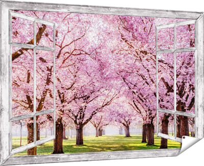 Gards Tuinposter Doorkijk Roze Bloesembomen Park - Bloemen - 180x120 cm - Tuindoek - Tuindecoratie - Wanddecoratie buiten - Tuinschilderij
