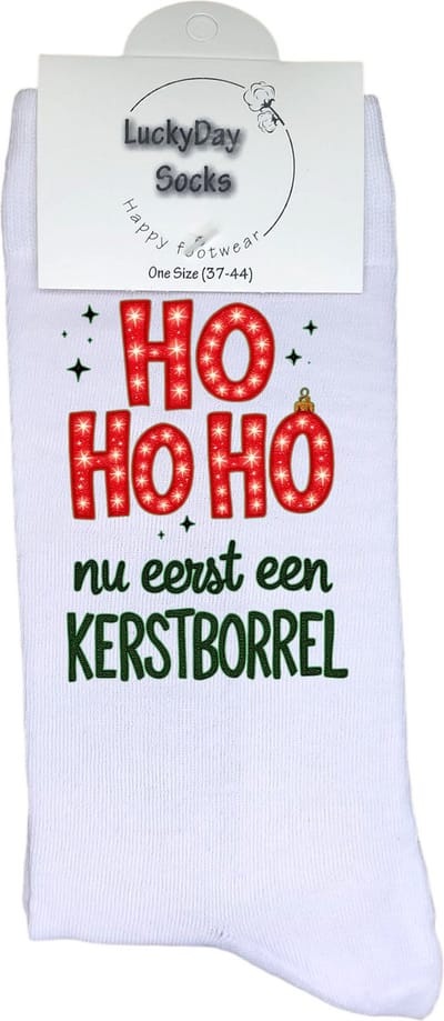 Kerst hohoho - Nu eerst een Kerstborrel - Vrolijk kerstfeest -Modern kerst - Grappige sokken - Kerstcadeau - LuckyDay Socks - Kerstsokken - Foute kerst sokken - Leuk kerst cadeau - Cadeau tip - Voor hem - Voor haar - Unisex - Maat 37-44